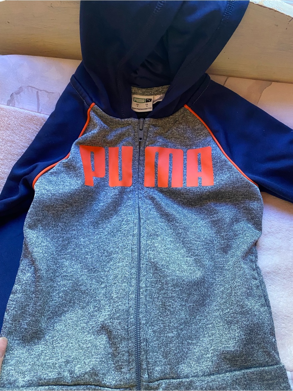 Puma Navy & Heather Gray Zip Hoodie with Bright Orange Logo